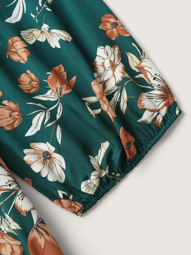Rayon Floral Shirred Stretchy Waist Midi Dress