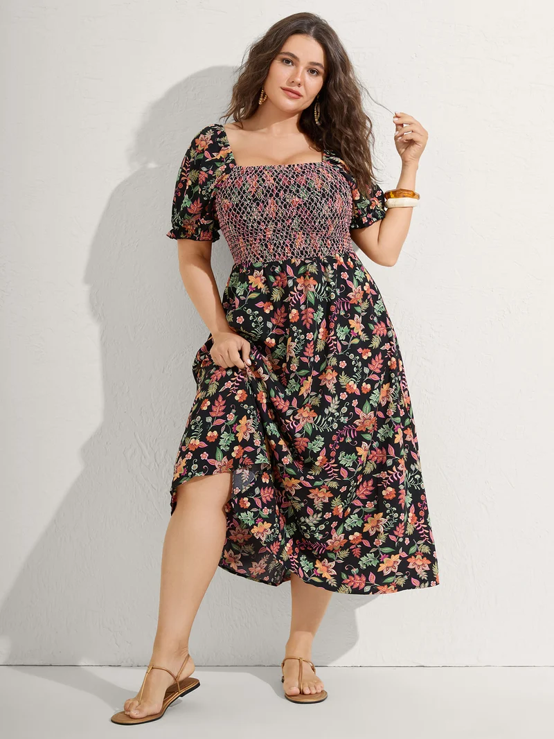 Net Shirred Paisley Print Midi Dress