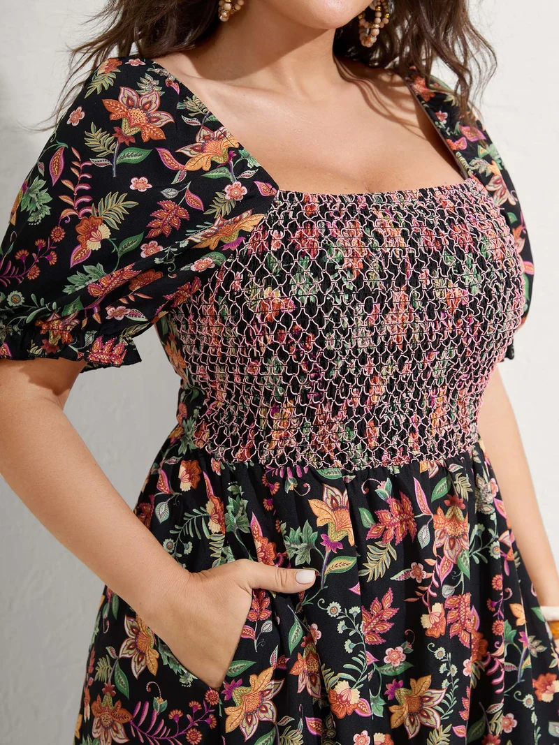 Net Shirred Paisley Print Midi Dress