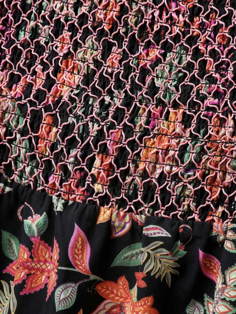 Net Shirred Paisley Print Midi Dress