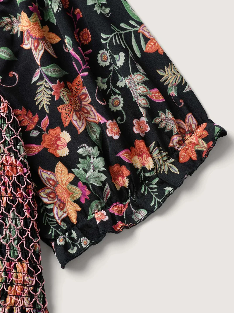 Net Shirred Paisley Print Midi Dress