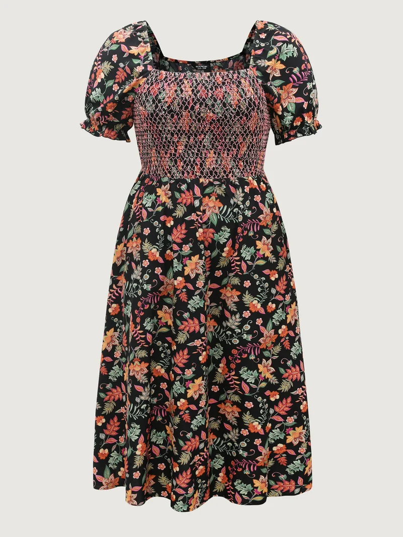 Net Shirred Paisley Print Midi Dress