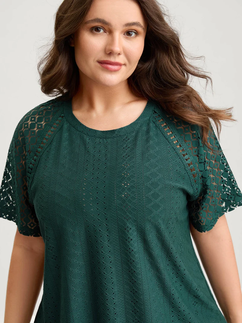 Eyelet Trim Lace Cut-Out Solid T-Shirt
