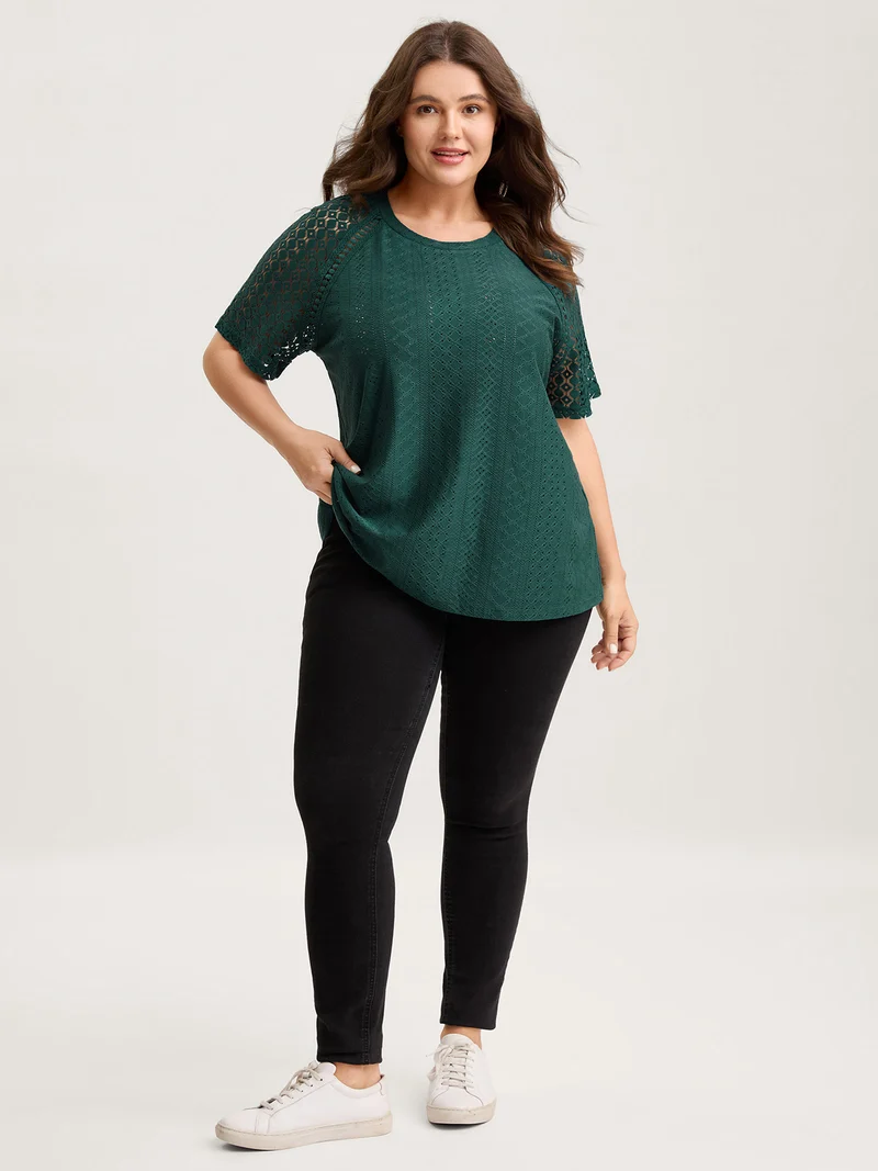 Eyelet Trim Lace Cut-Out Solid T-Shirt