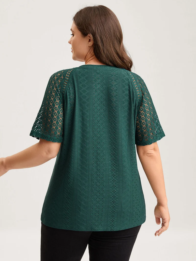 Eyelet Trim Lace Cut-Out Solid T-Shirt