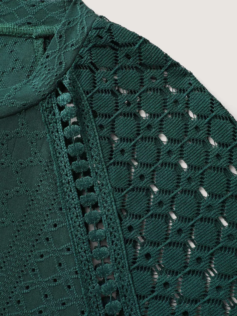 Eyelet Trim Lace Cut-Out Solid T-Shirt