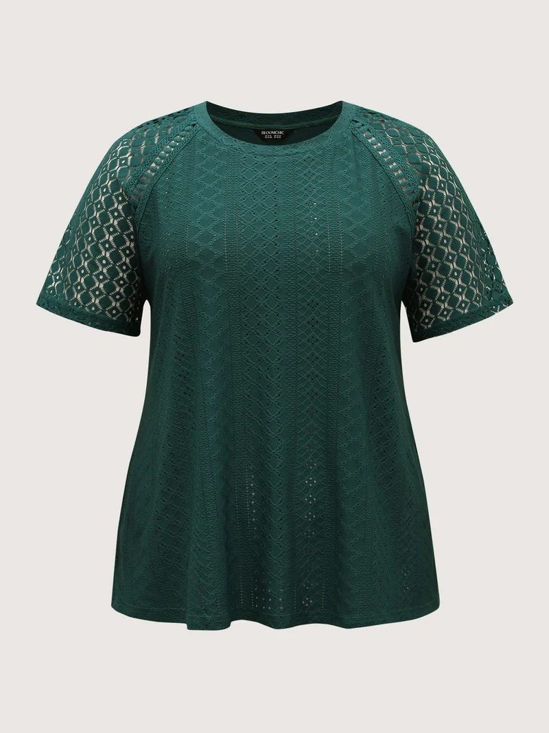Eyelet Trim Lace Cut-Out Solid T-Shirt