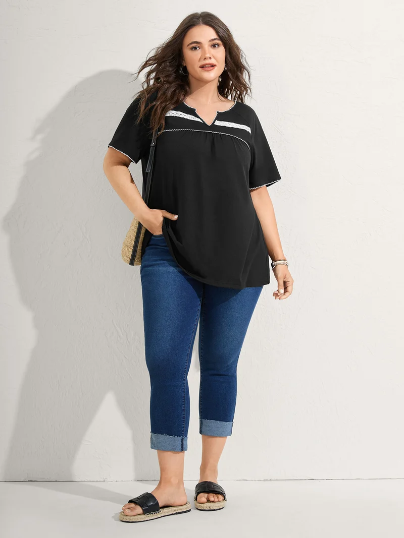 Lace Color Contrast Pleated T-Shirt