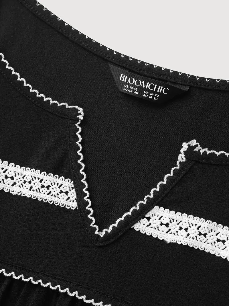 Lace Color Contrast Pleated T-Shirt