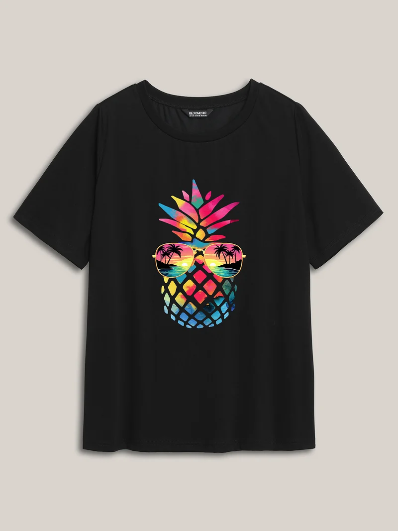 Pineapple Vibes Print Round Neck T-Shirt