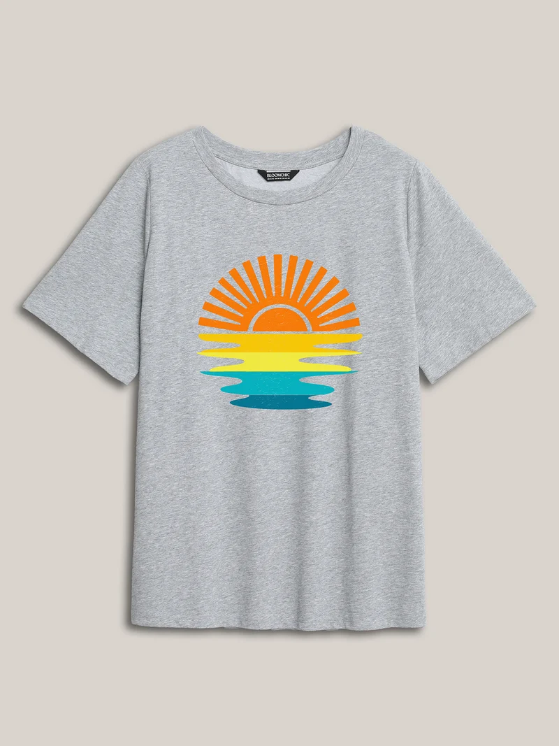 Colorful Sunrise Print Round Neck T-Shirt