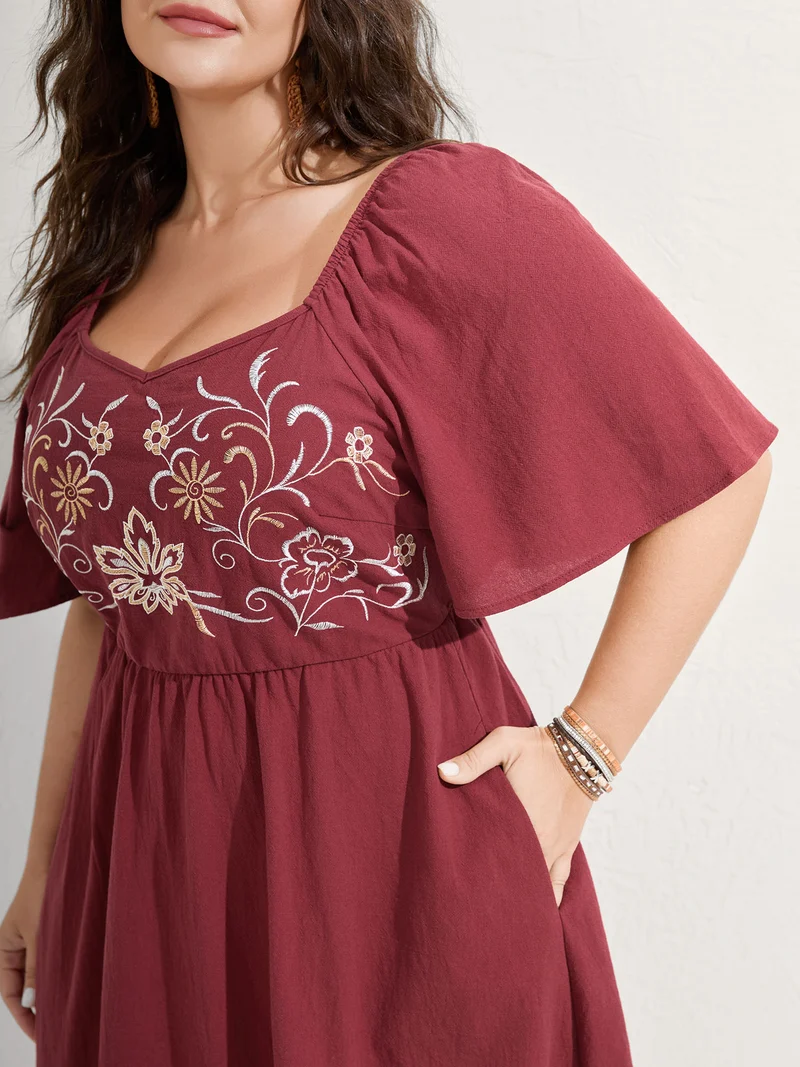 Pure Cotton Floral Embroidered Midi Dress