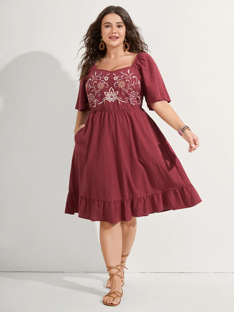 Pure Cotton Floral Embroidered Midi Dress