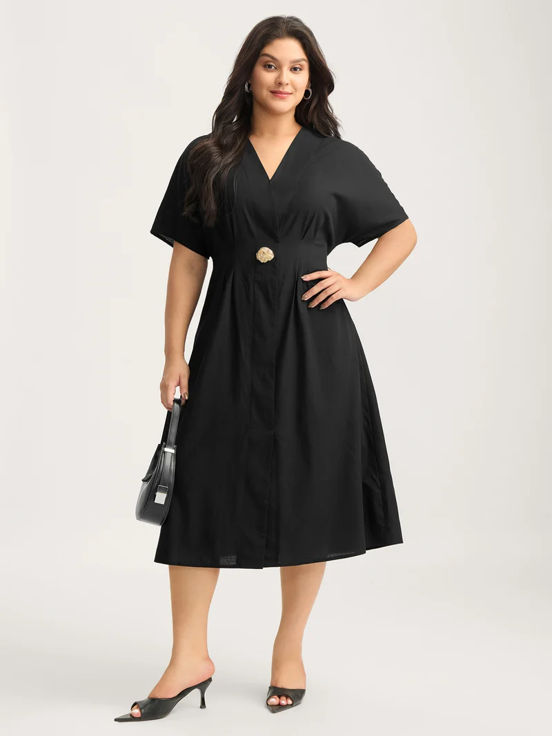 Deep V-Neck Decorative Button Midi Dress