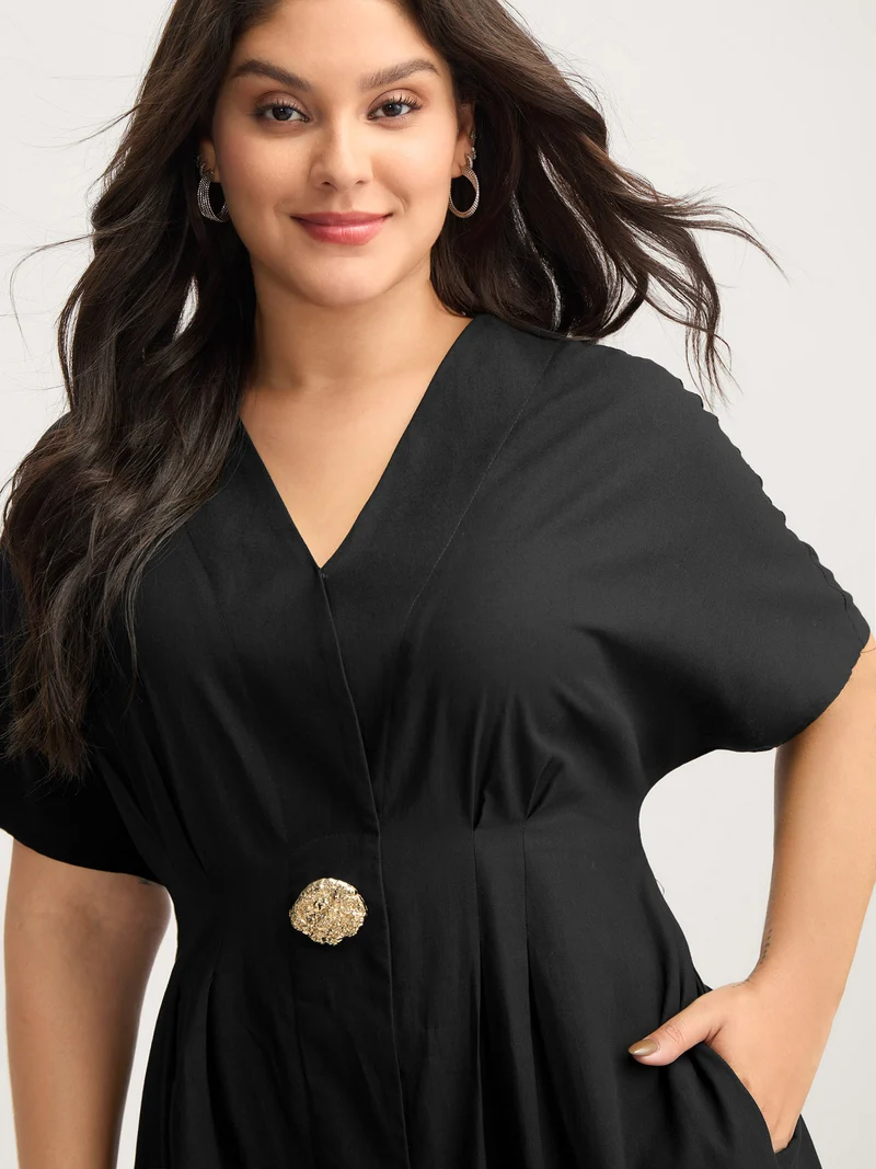 Deep V-Neck Decorative Button Midi Dress