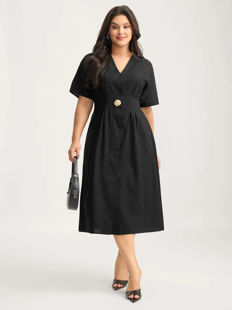 Deep V-Neck Decorative Button Midi Dress