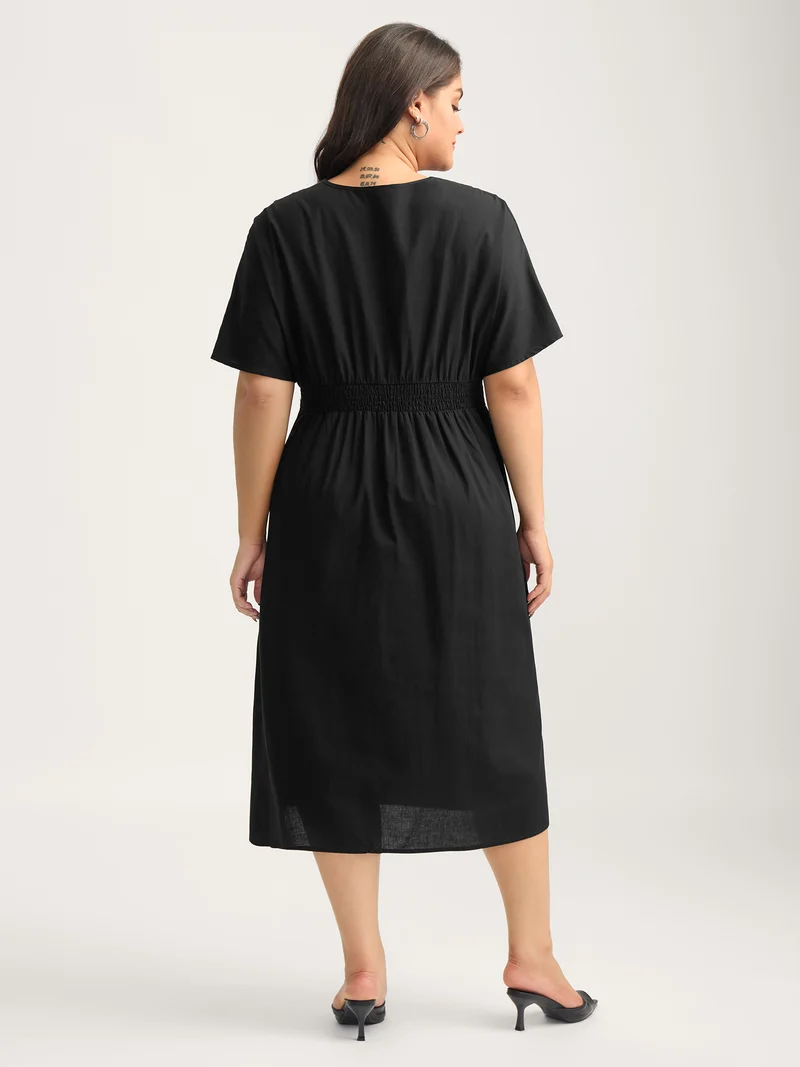 Deep V-Neck Decorative Button Midi Dress