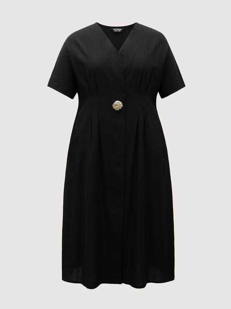 Deep V-Neck Decorative Button Midi Dress