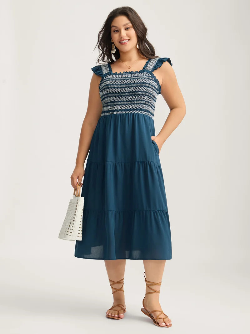 Fancy Shirred Flutter Tiered Pockets Midi Dress
