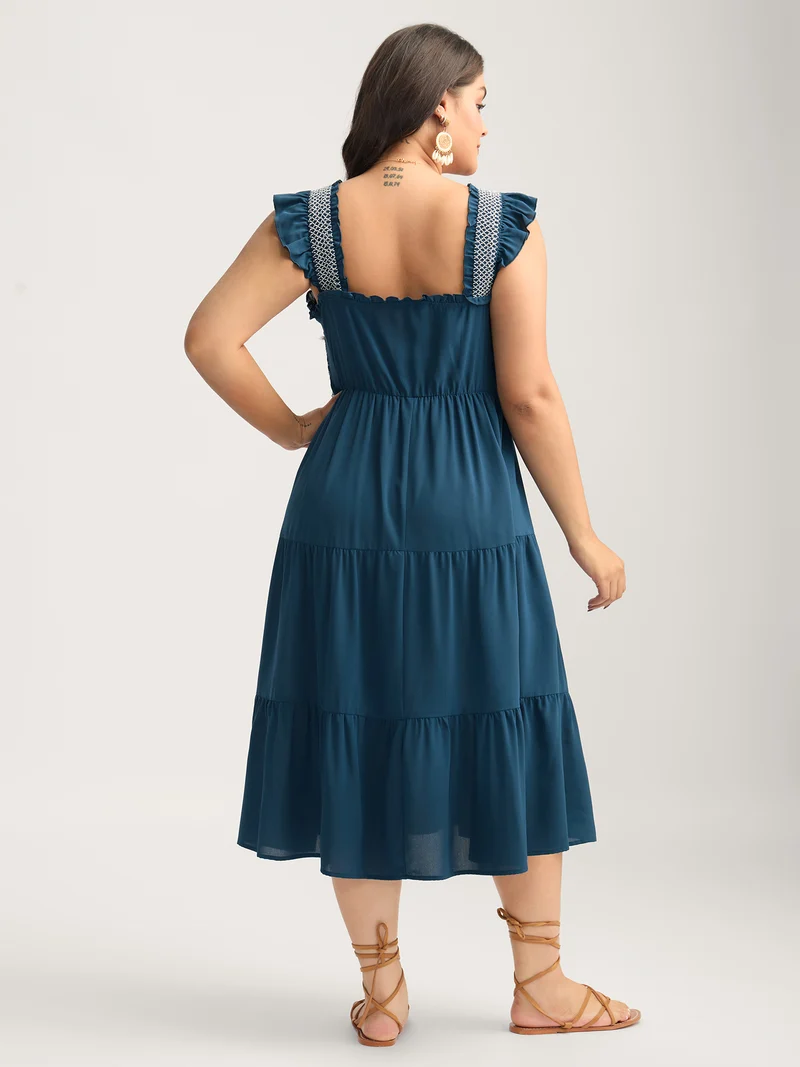 Fancy Shirred Flutter Tiered Pockets Midi Dress