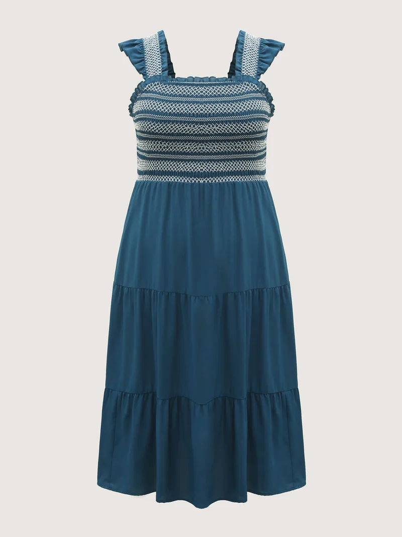 Fancy Shirred Flutter Tiered Pockets Midi Dress
