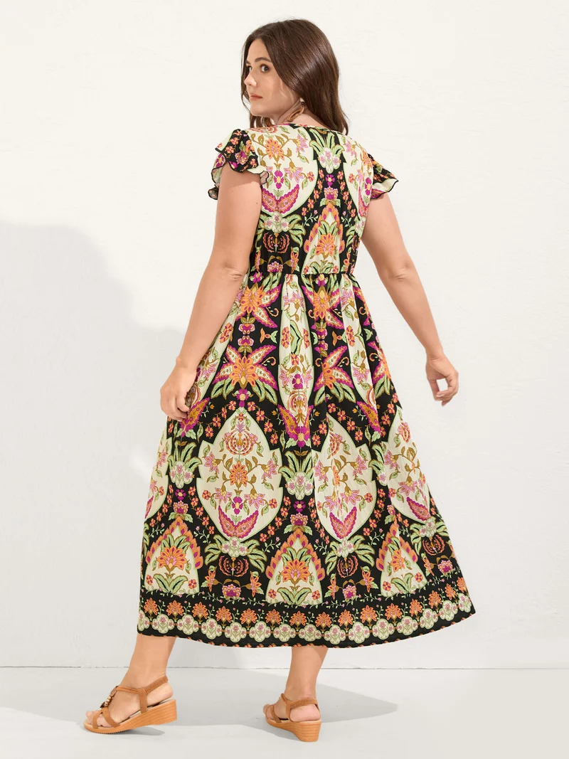 Floral Print Ruffled Sleeve V-Neck Midi Dress