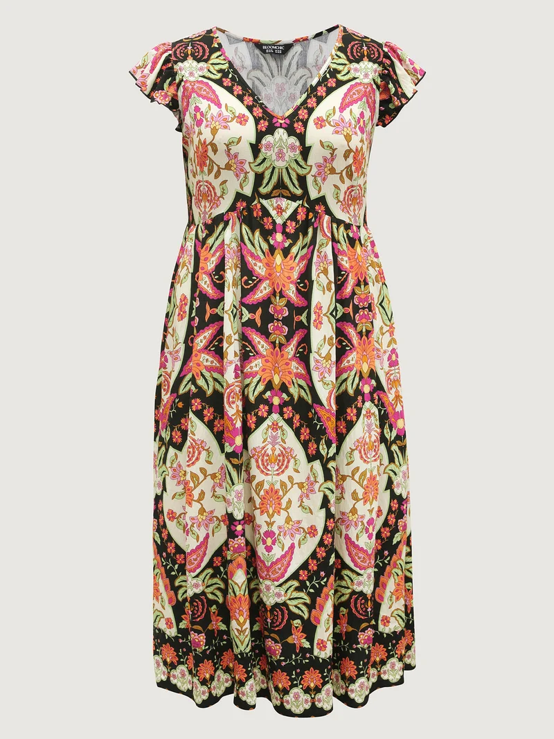 Floral Print Ruffled Sleeve V-Neck Midi Dress