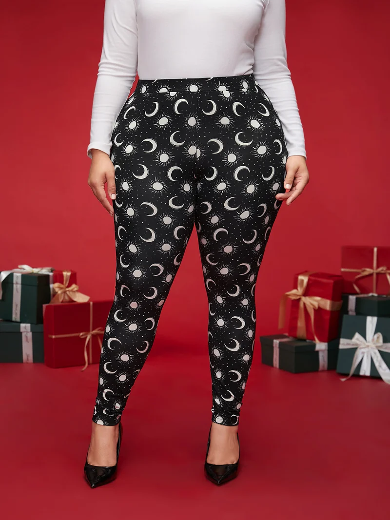 Star And Moon Print Slim-Fit Leggings