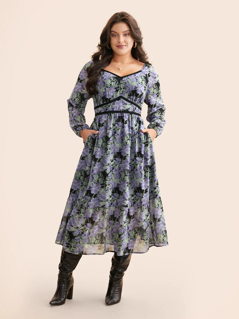 Heart Neckline Floral Contrast Webbing Dress