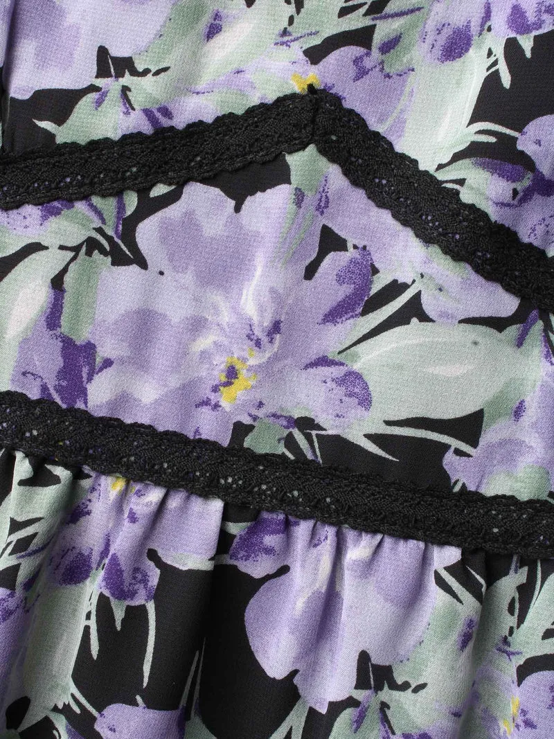 Heart Neckline Floral Contrast Webbing Dress