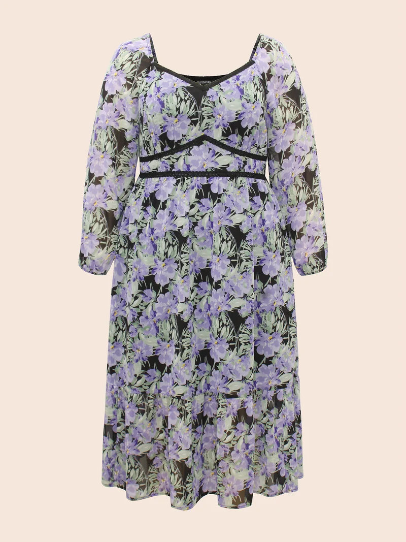 Heart Neckline Floral Contrast Webbing Dress