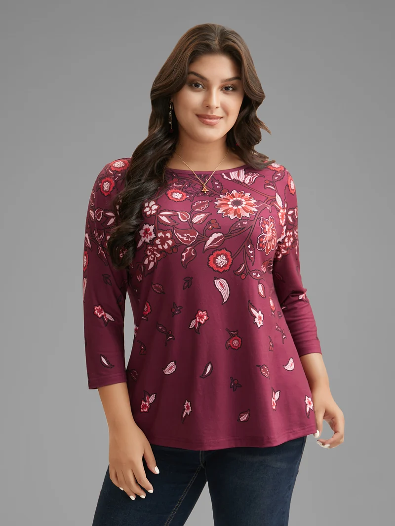 Floral Print Round Neck Fitted Tee
