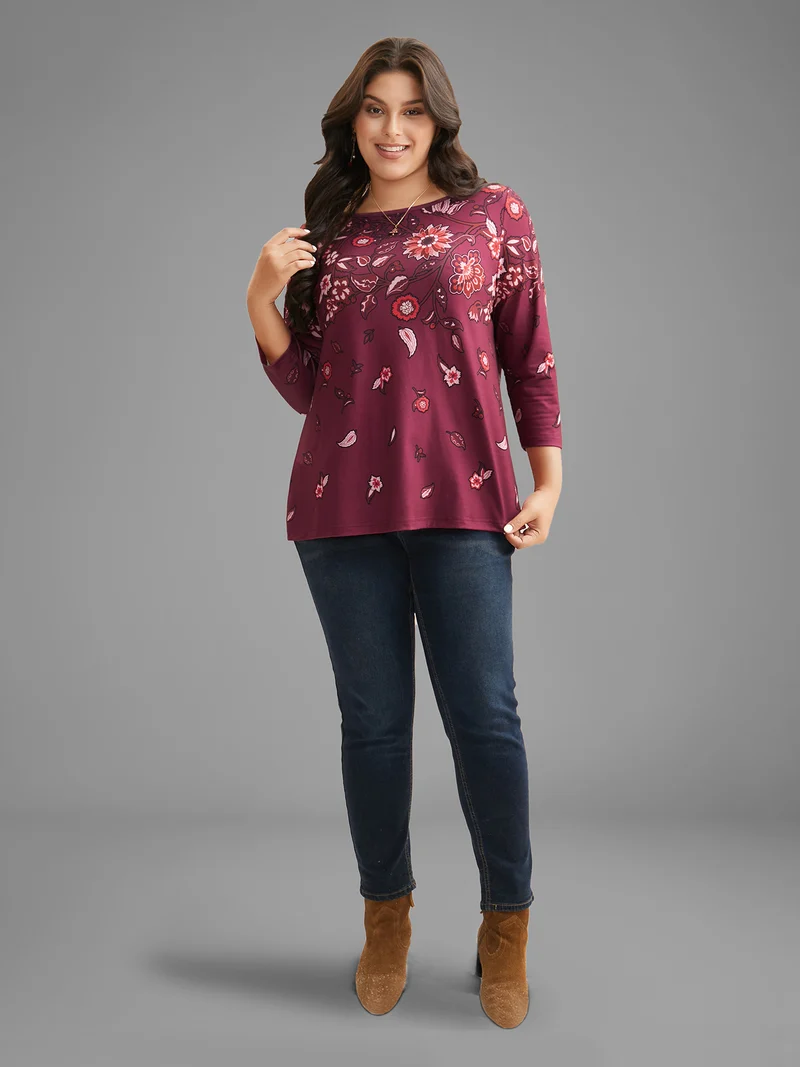 Floral Print Round Neck Fitted Tee