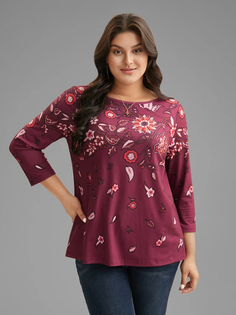 Floral Print Round Neck Fitted Tee