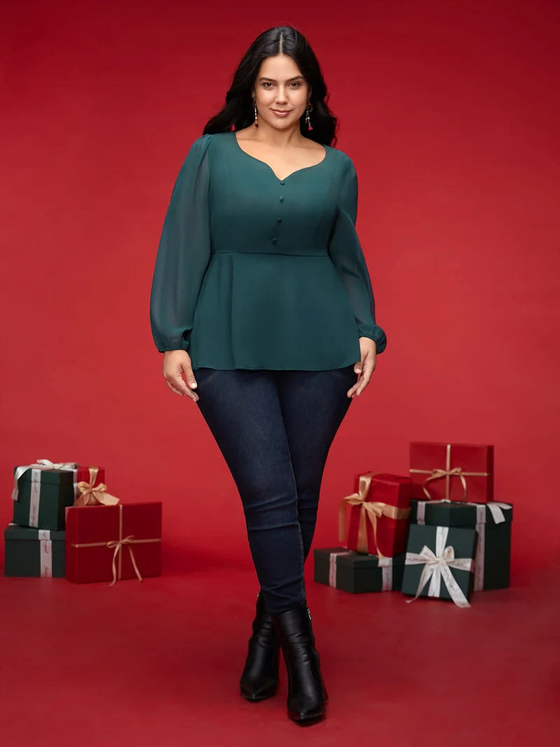 Puff Sleeves Front Placket Chiffon Blouse