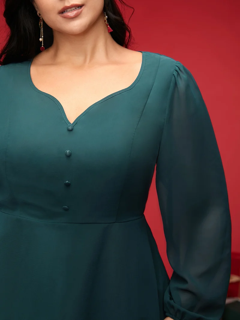 Puff Sleeves Front Placket Chiffon Blouse