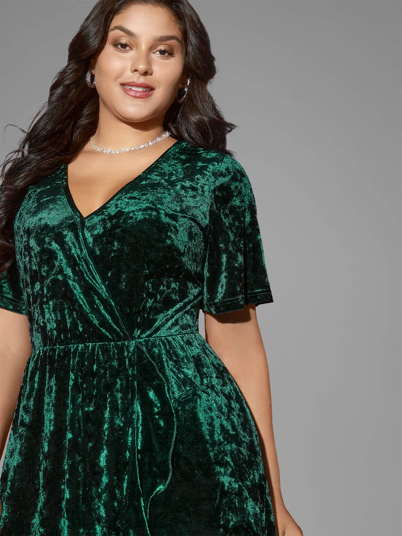 Velvet Surplice Neckline Ruffle Sleeves Midi Dress