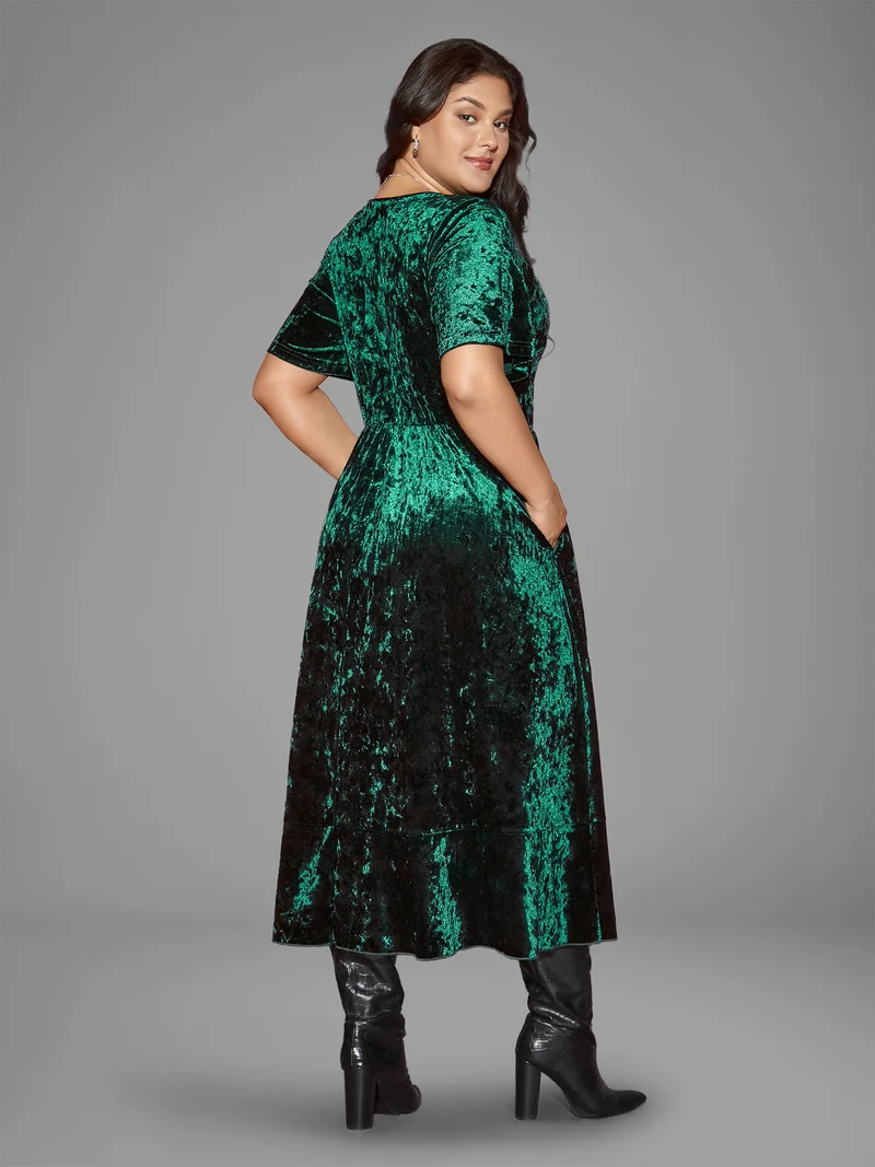 Velvet Surplice Neckline Ruffle Sleeves Midi Dress