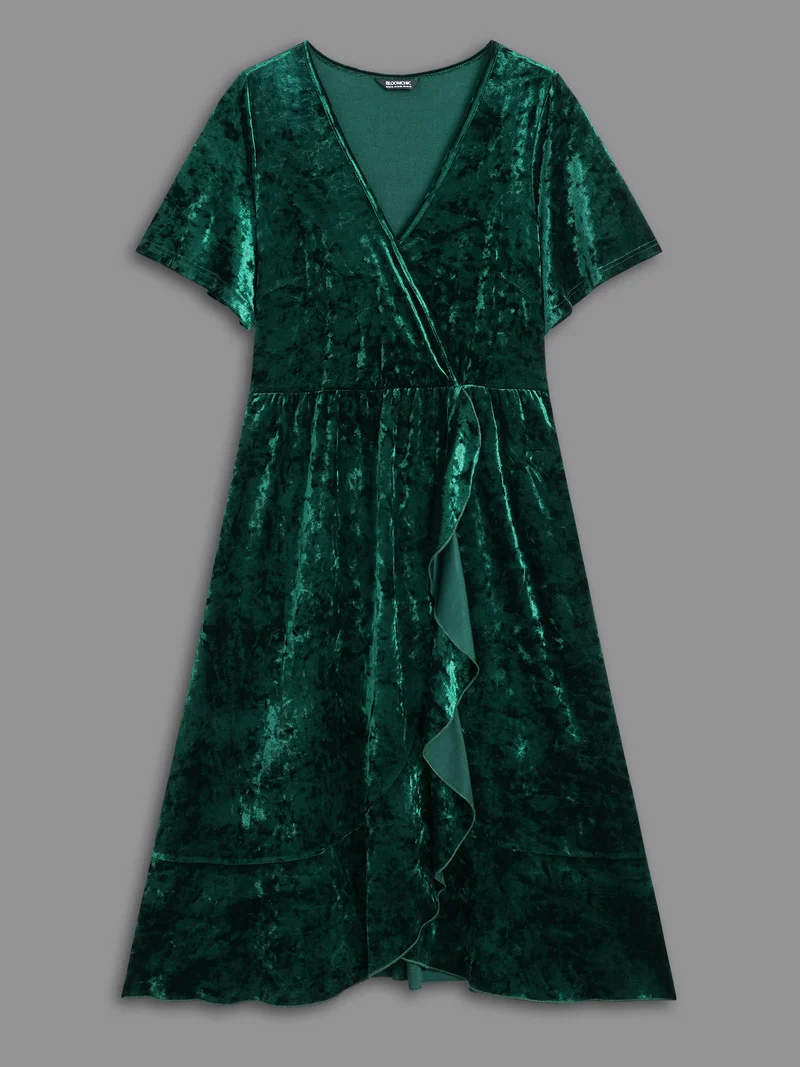 Velvet Surplice Neckline Ruffle Sleeves Midi Dress