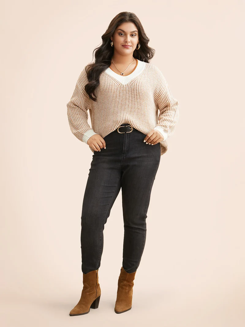 Contrast Texture Drop Shoulder Sleeve Pullover