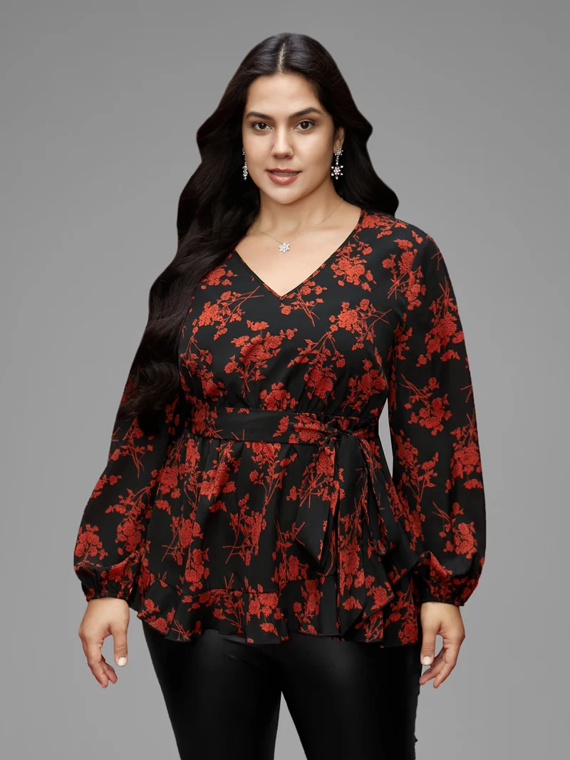Elastic Waist-Tie Floral V-neck Blouse