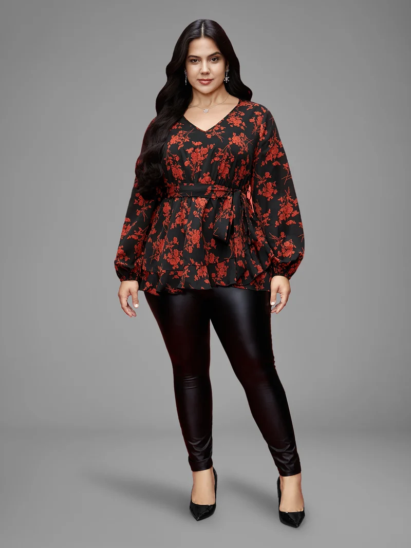 Elastic Waist-Tie Floral V-neck Blouse
