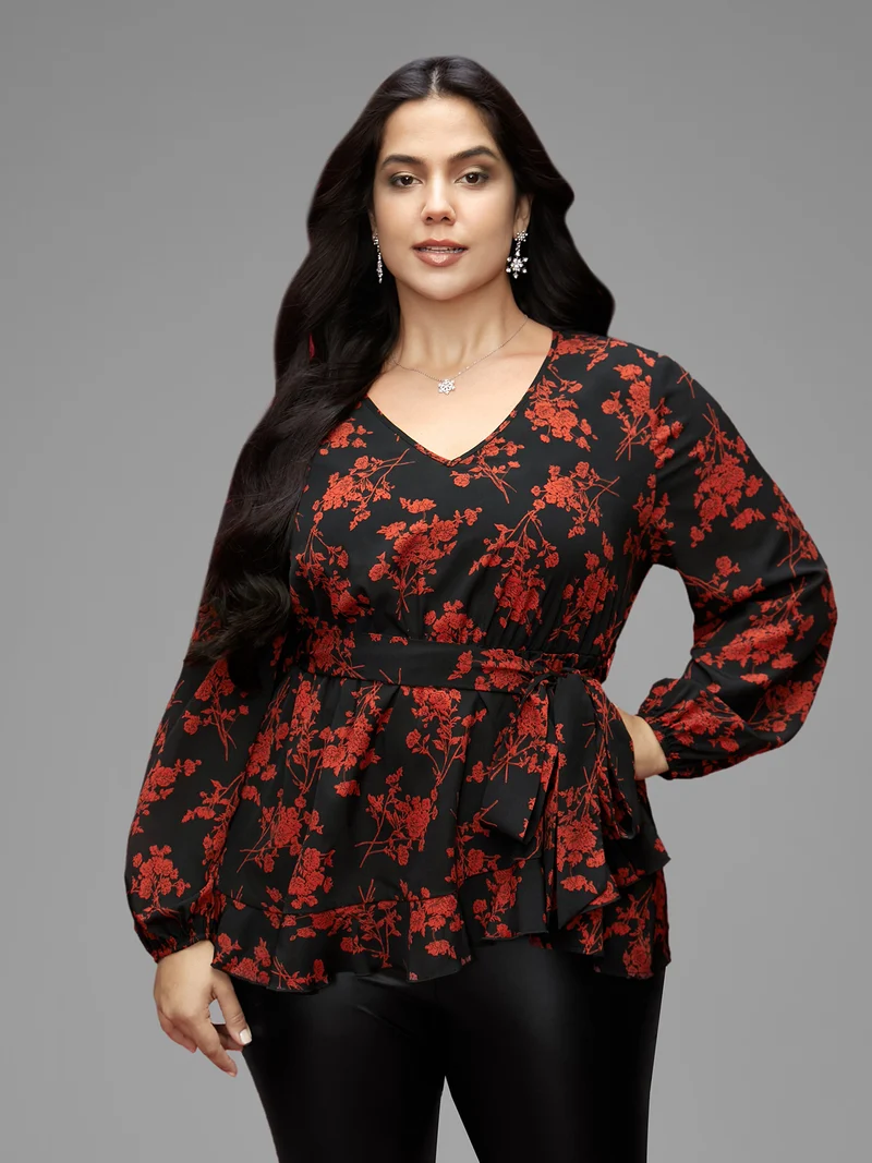 Elastic Waist-Tie Floral V-neck Blouse