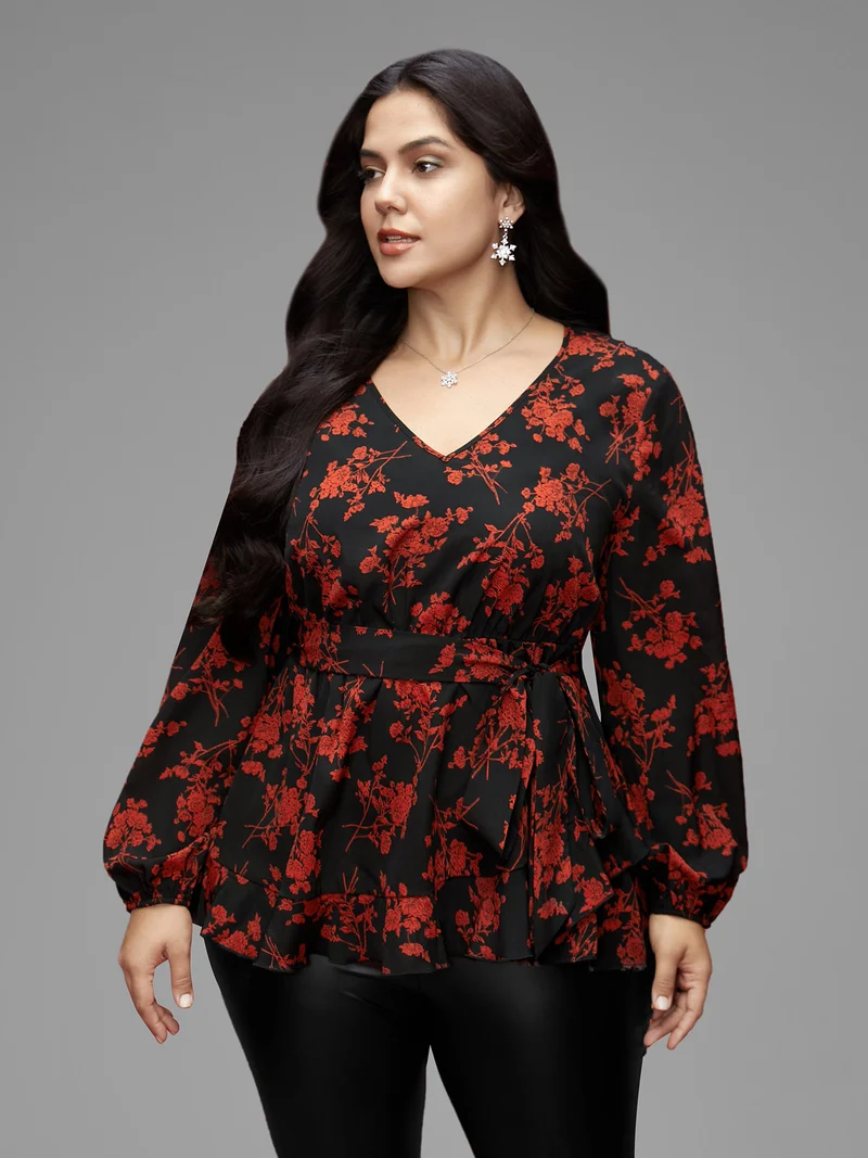 Elastic Waist-Tie Floral V-neck Blouse