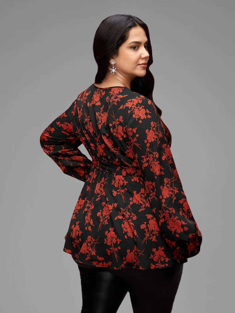 Elastic Waist-Tie Floral V-neck Blouse