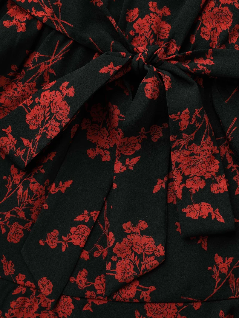 Elastic Waist-Tie Floral V-neck Blouse