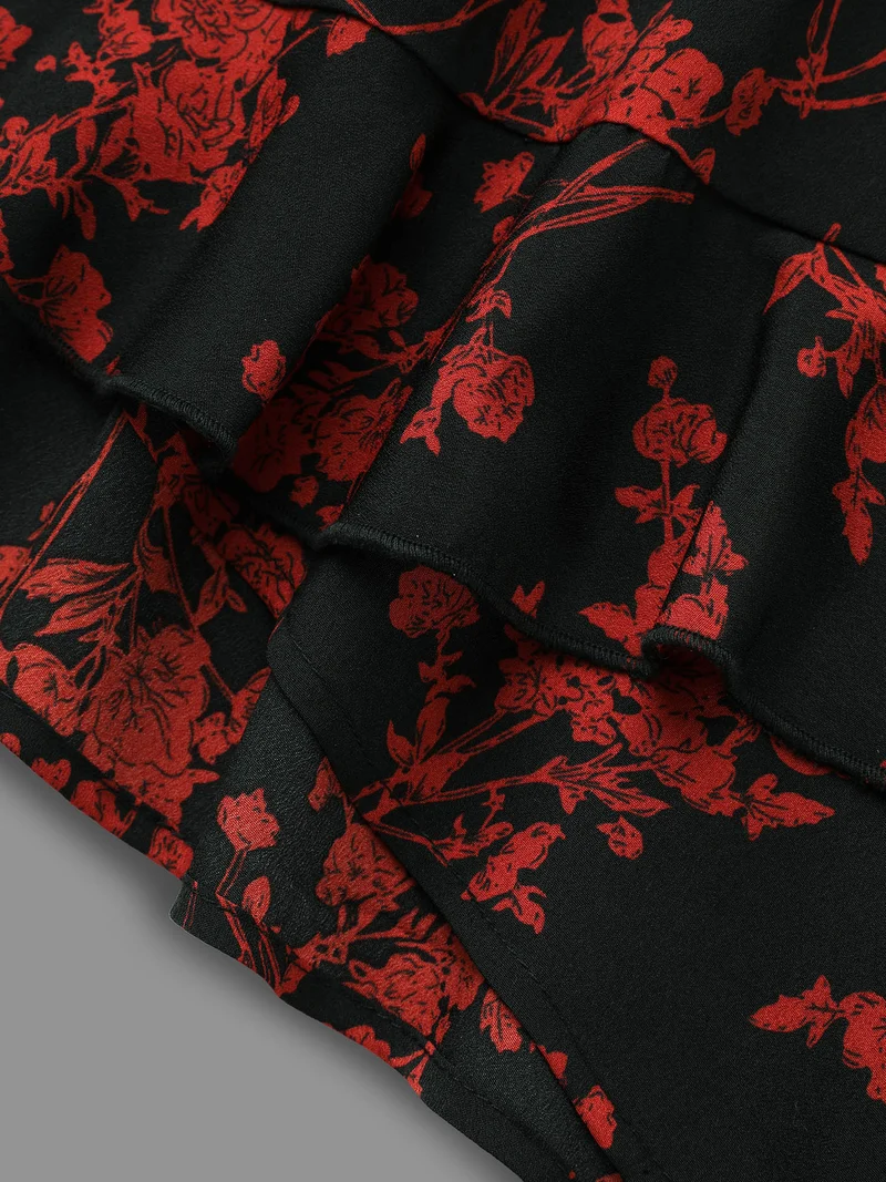 Elastic Waist-Tie Floral V-neck Blouse