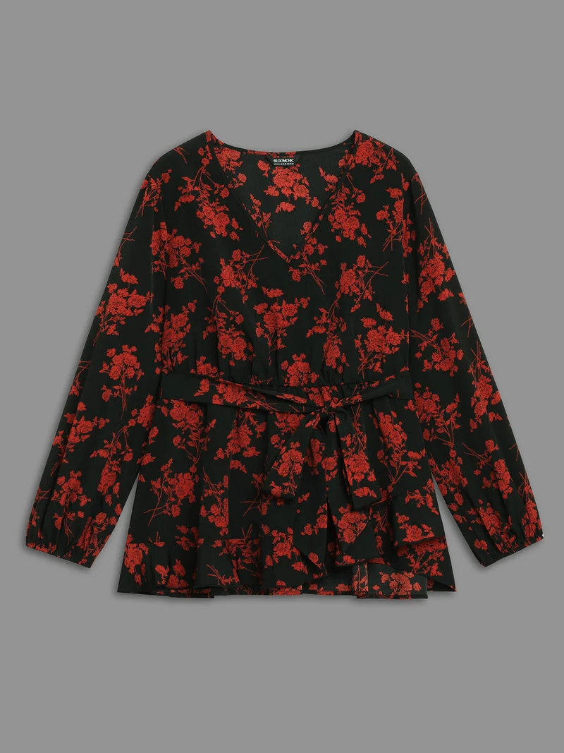 Elastic Waist-Tie Floral V-neck Blouse