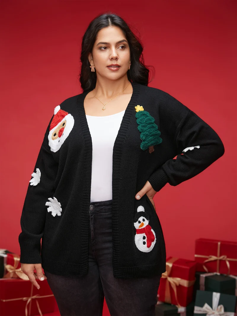 Holiday Hand-Crocheted Motifs V-Neck Cardigan