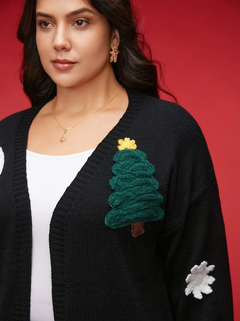 Holiday Hand-Crocheted Motifs V-Neck Cardigan
